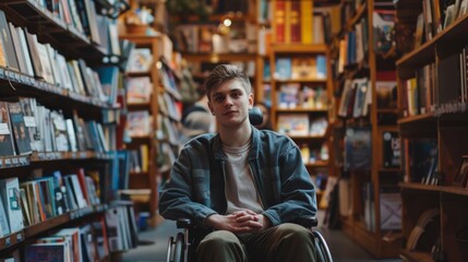 Young Man in Wheelchair at Bookstore - obrazy, fototapety, plakaty