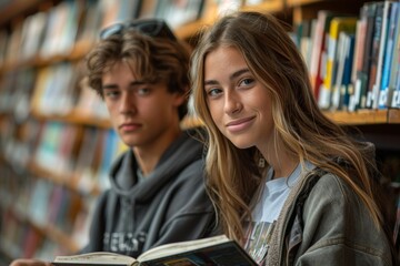 Smiling teenage girl with a young man blurred in the background, both reading in a library setting