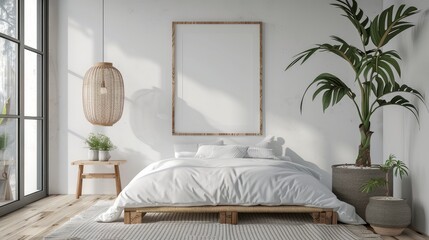 Modern scandinavian and Japandi style bedroom interior design with bed white color. Wooden table and floor, mock up frame wall, Realistic Photography Background