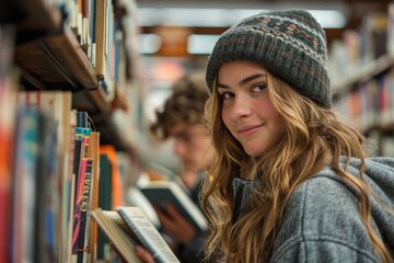 Confident young girl with a beanie smiles while selecting books in a library with a male friend behind