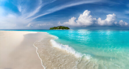 beach with blue sky . Beautiful sandy beach with white sand and rolling calm wave of turquoise...