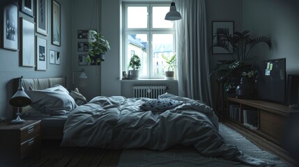 Scandinavian Style Bedroom, Realistic Photography Background