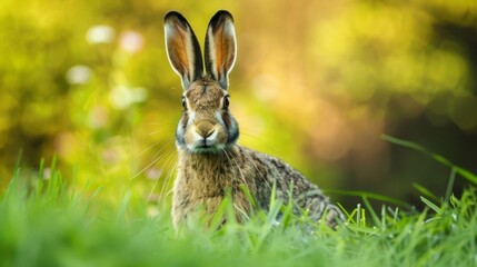 Brown hare with standing long ears in a field with green grass, looking directly into the camera, copy and text space, 16:9