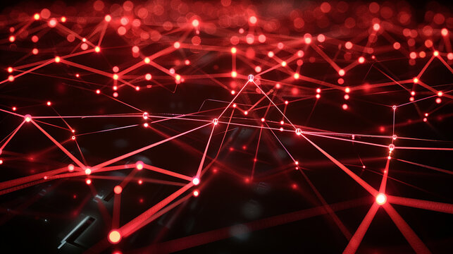 Visual art interpretation: red glowing lines and dots on a sleek, dark background, evoking the imagery of high-tech digital security systems. portrayed with creativity.