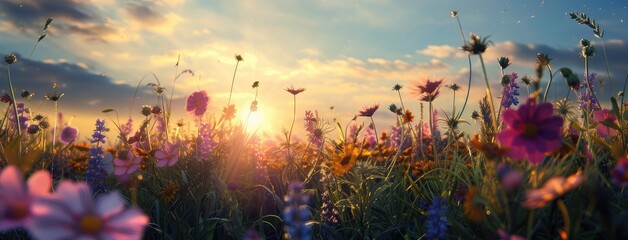 Obraz na płótnie Canvas Serene Sunset Over a Blooming Flower Field