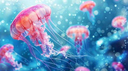 glowing jellyfish sea jellies subphylum Medusozoa background, 16:9 - obrazy, fototapety, plakaty