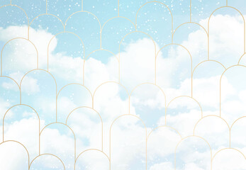 Angelic blue heaven clouds vector design background. Winter fairytale backdrop. Plane sky view with white snow. Watercolor frozen style texture. Delicate card. Elegant decoration. Fantasy pastel color