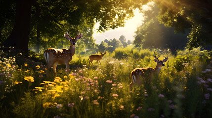 A family of deer grazing peacefully in a sunlit meadow surrounded by wildflowers. - obrazy, fototapety, plakaty