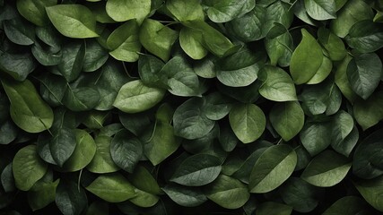 Fototapeta premium Dense collection of green leaves fills entire frame, creating lush, vibrant backdrop. Leaves, varying in shades of green, intricately layered upon one another, showcasing natural, organic pattern.
