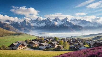 Serene village nestles amidst lush greenery, with majestic snow-capped mountains standing as silent sentinels in background. First rays of morning sun gently kiss peaks. - obrazy, fototapety, plakaty