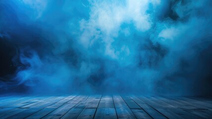 Blue Smoke on Wooden Stage with Dramatic Lighting