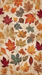 Variety of autumn leaves, showcasing spectrum of colors from deep red to bright orange, muted green, scattered across light, textured background. Leaves, each unique in shape, coloration.
