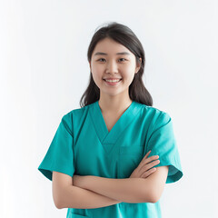Asian female midwife stands wearing his professional uniform with crossed arms and a smiling face a blank white background