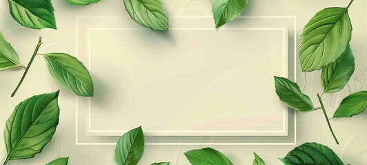 Spring background with green leaves and square frame on trendy geometric background. Fresh template for posters, flyers, brochures or vouchers. generative AI
