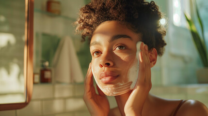 A young biracial woman is seen washing her face in a bright bathroom. A rejuvenating image of a person performing their skincare routine - Powered by Adobe