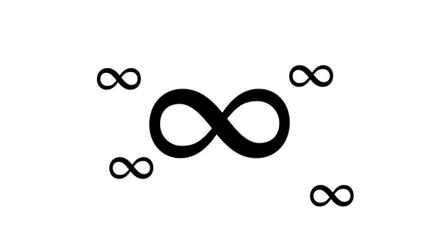 Zoom in and out animation the infinity symbol. Large black symbol in the center and four small symbols around. Seamless looped 4k animation on white background