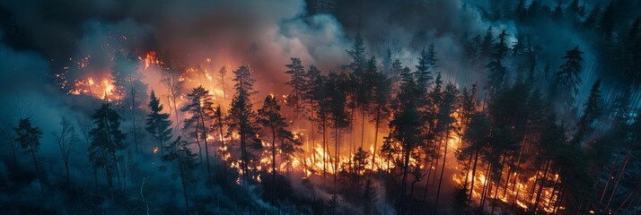 A raging fire in the forest highlights ecological problems as the fiery wrath of nature ignites an explosion of heat and smoke, engulfing the tranquil forest in a volcanic inferno. - obrazy, fototapety, plakaty
