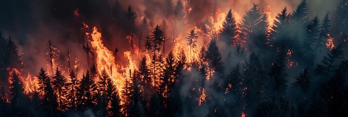 A raging fire in the forest highlights ecological problems as the fiery wrath of nature ignites an explosion of heat and smoke, engulfing the tranquil forest in a volcanic inferno. - obrazy, fototapety, plakaty