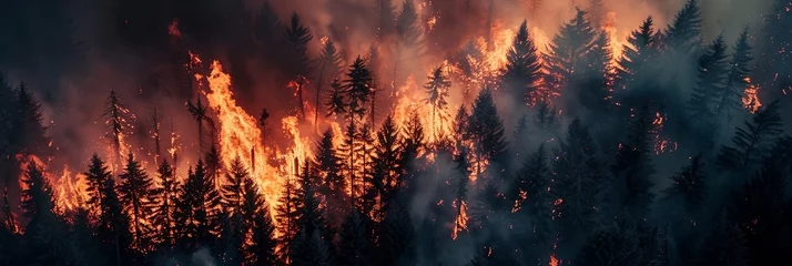 Foto auf Alu-Dibond A raging fire in the forest highlights ecological problems as the fiery wrath of nature ignites an explosion of heat and smoke, engulfing the tranquil forest in a volcanic inferno. © kodidesign