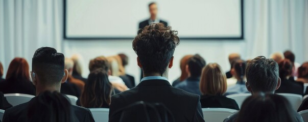 In the business conference hall, many people was in present while someone gave a presentation or conducted a ceremony. - obrazy, fototapety, plakaty