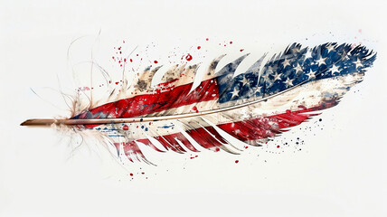 Beautiful white feather, stylized as an American flag. On white background. For your design.