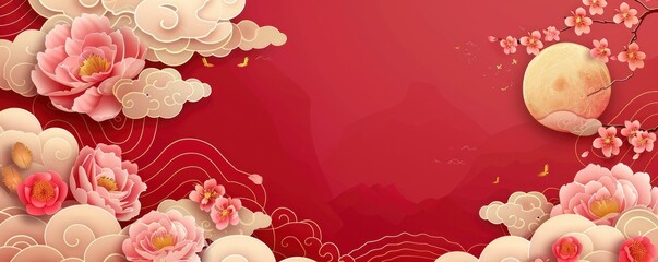 Red backdrop with pink peony flowers on the moon's right side and a golden cloud pattern