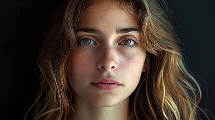 Pretty 30s woman portrait isolated on black background. Attractive girl close up. Young adult person look camera. Beautiful female face closeup. Natural beauty concept. Model at studio without make up