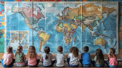 Young students in a geography class with a giant, vivid world map mural as a backdrop
