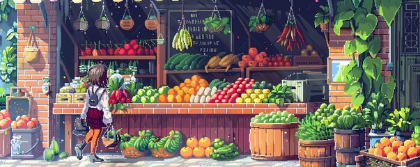 A pixel art scene of a girl at a farmers market, selling colorful fruits and vegetables, bustling community vibe