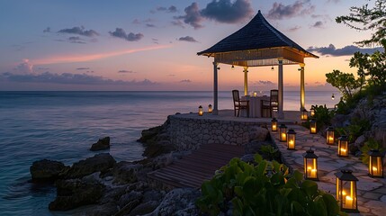 A romantic dinner for two awaits on a beautiful Caribbean beach. The sun is setting over the ocean, and the waves are gently lapping at the shore. - Powered by Adobe