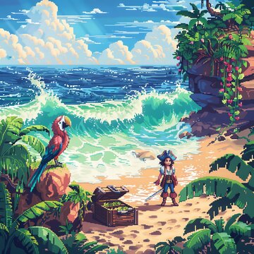 Intricate pixel art depicting a girl pirate on a treasure island, vibrant parrot and treasure chest, ocean waves crashing
