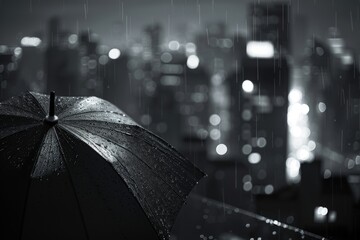 A black and white photo of a lone umbrella against a dark cityscape skyline, with rain blurring the streetlights and buildings. © CHONCHANOK PHOTO