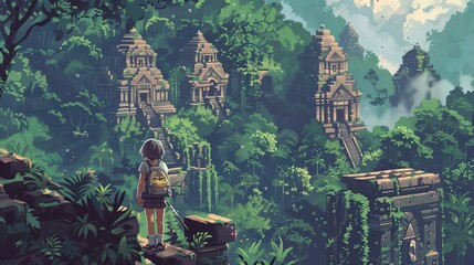 Pixel art of a girl adventurer with a backpack, exploring a pixelated ancient temple, lush jungle around