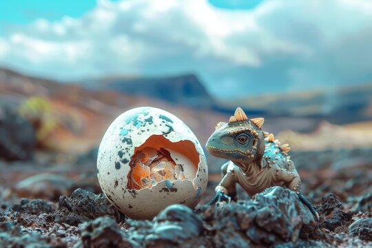 A baby stegosaurus hatching from its egg, with a vibrant volcanic landscape in the background.