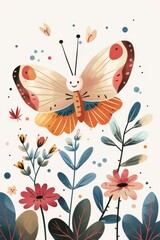 A cute watercolor illustration of a butterfly with a smiley face on its wings is surrounded by colorful flowers and leaves.