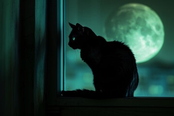 A black cat perched on a windowsill, silhouetted against a full moon, with its eyes glowing an eerie green.