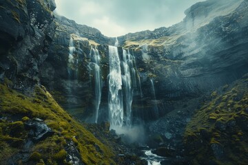 A breathtaking waterfall cascading down a cliff face, with the water thundering over smooth, moss-covered stones at the bottom.