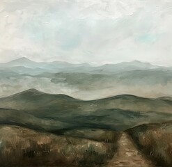 Gemälde einer skandinavischen Landschaft, Berg, Tal und Weg, Himmel mit Wolken, düster und melancholisch	