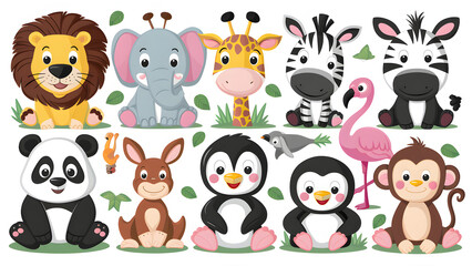 Collection of cute and colorful animals, each designed for children's cartoons and isolated on a background