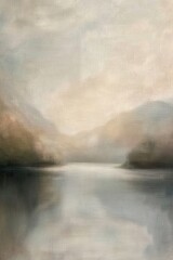 Gemälde einer Landschaft mit See und Bäumen in Erdtönen, verträumte Stimmung, Nebel und diffuses Licht, sanfte Farben	
 - obrazy, fototapety, plakaty