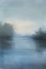 Fototapeta na wymiar Gemälde einer Landschaft mit See und Bäumen in Blautönen, verträumte Stimmung, Nebel und diffuses Licht, sanfte Farben, kühle Anmutung , nordisch, Norden, pastell 