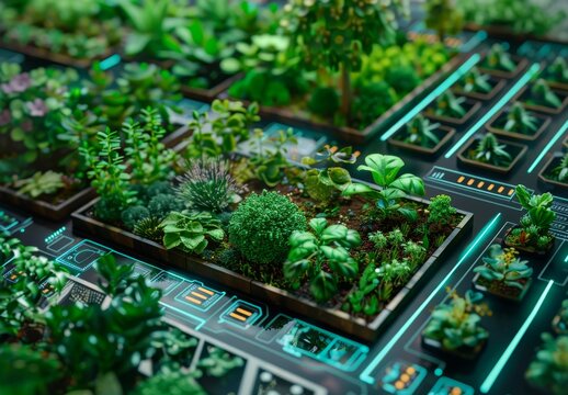 Cutting-edge automated gardens with AI plant analysis, vibrant backdrop, 4k resolution, technological advancements.