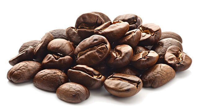 Close-up of roasted coffee beans isolated on white background. Perfect for stock imagery, depicting freshness and aroma. A detailed, high-quality photograph. AI