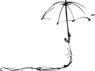 Whimsical single line umbrella illustration with hanging rain boots, concept of rainy days and playful simplicity
