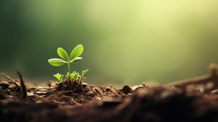 Sprouting plant in soil at sunrise. Arbor Day