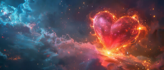 A heart-shaped nebula set ablaze with vibrant colors and star-like sparkles in cosmic space.