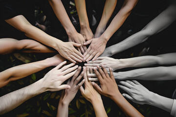 an image of hands reaching in together in a cirlce, teamwork