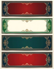 4 blank banners with a golden border, vector illustrations, in the oriental style, with a red, white, green and blue color scheme, of a simple design, on a pure background