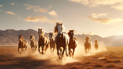 A group of wild horses running freely across a vast, sunlit plain.