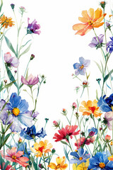 Illustration of colorful flowers. White space in the middle for wring notes. Watercoloring floral in abstract style. AI Generative. 
